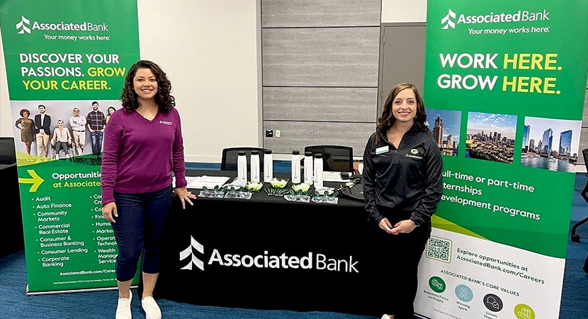 Associated Bank hiring event booth setup on a campus